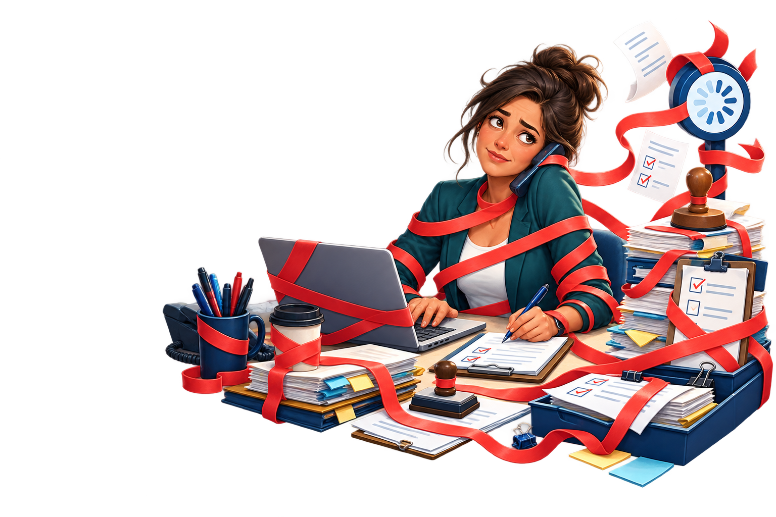 A placement professional humorously tangled in red tape while working at a computer and phone